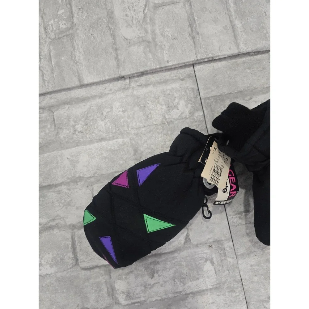 Girls Thinsulate 80s Neon Geometric Snow Mittens Black Waterproof NOS New